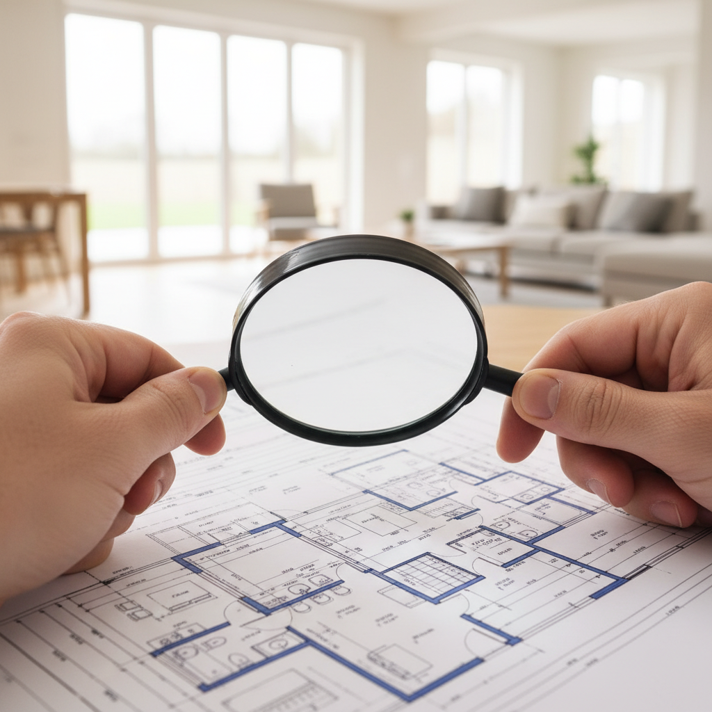 Precyzyjna Weryfikacja - Zbliżenie na dłonie trzymające lupę nad szczegółowym planem architektonicznym domu. W tle, w miękkim fokusie, widać nowoczesne, jasne wnętrze domu. Obraz ma symbolizować dbałość o detale, dokładność i profesjonalne podejście do weryfikacji technicznej i prawnej nieruchomości.